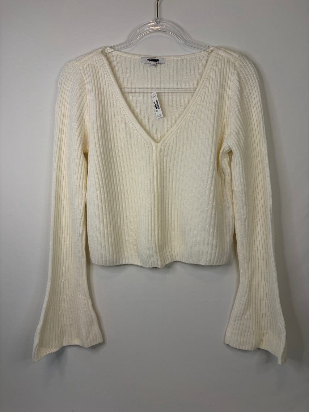 Madewell Ribbed V-Neck Sweater Top in Merino Wool Ivory Size Large NEW